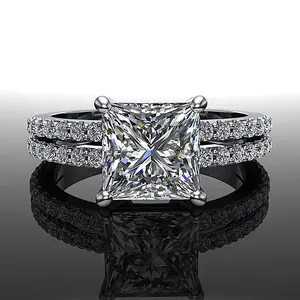 Princess Cut All Moissanite Hidden Halo Rings for Women 925 Sterling Silver Square Diamond Engagement Ring Wedding Band