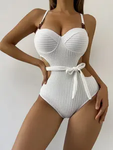 Women's Sexy Beach Seaside Hot Spring Vacation Cruise Clothing Cruise Essential White Solid Color Wave Pattern Suspender Hot Style Belt Gathered Hard Cup with Underwire Fashionable One-Piece Swimsuit