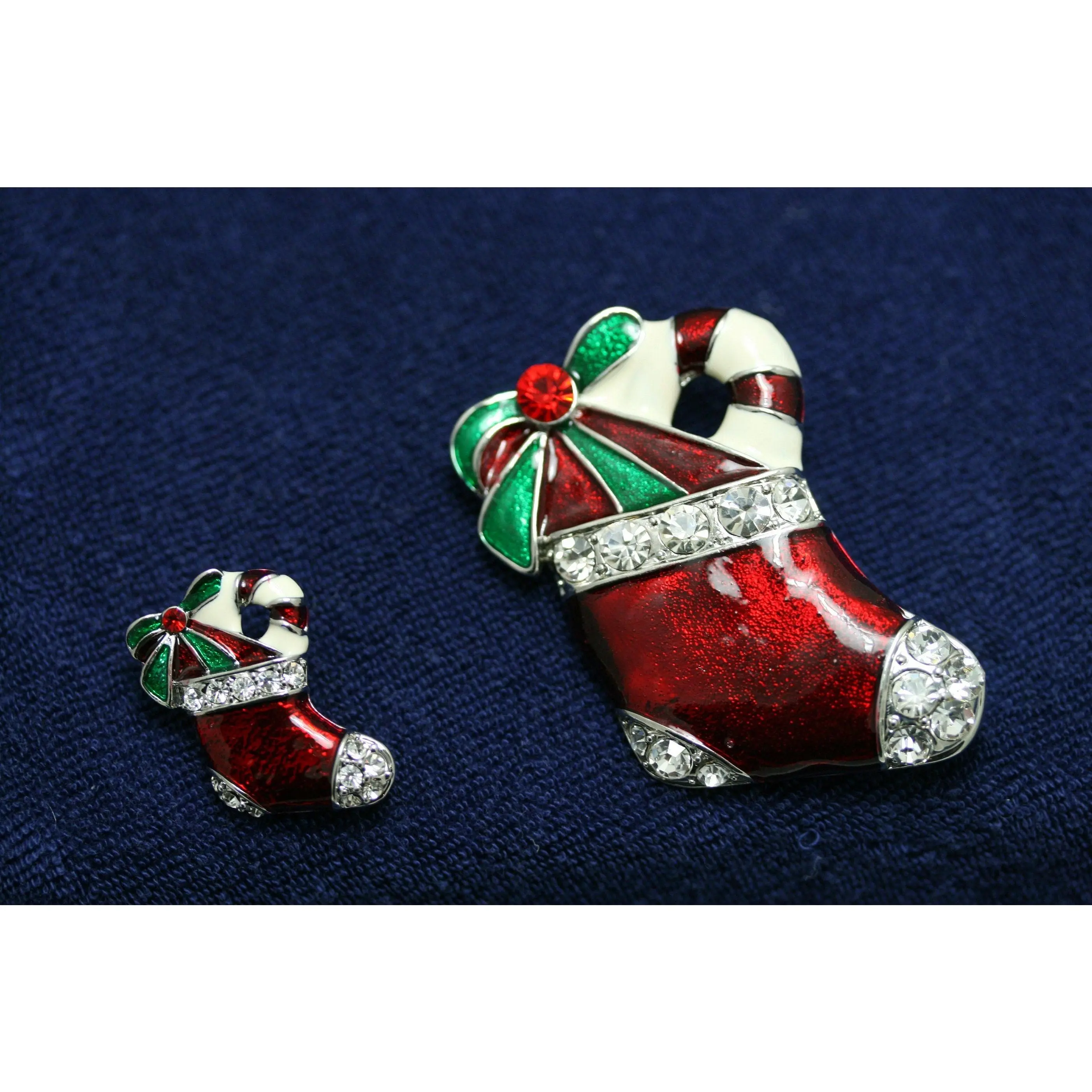 Red Enamel Rhinestone Christmas Stocking Pin Brooch - Candy Cane, Santa Boot Designs, 2 Sizes, Fashion Collar Clip Jewelry, Two Sizes
