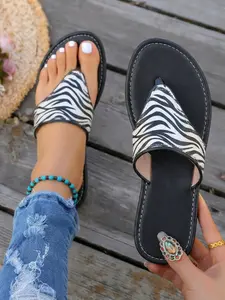 Vintage Zebra Print Sandals, Open Toe Flat Design, Non-Slip Soft Sole, European and American Large Sizes, Women's Summer Beach Shoes