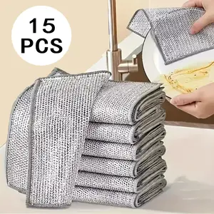15 PCS Dishwashing Rags, Multipurpose Non-Scratch Wire Dishcloths for Wet and Dry Reusable Wire Cleaning Cloths for Kitchen, Sinks,and Pans Silver Microfiber Silk