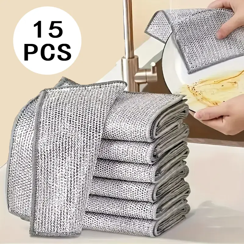 15 PCS Dishwashing Rags, Multipurpose Non-Scratch Wire Dishcloths for Wet and Dry Reusable Wire Cleaning Cloths for Kitchen, Sinks,and Pans Silver Microfiber Silk