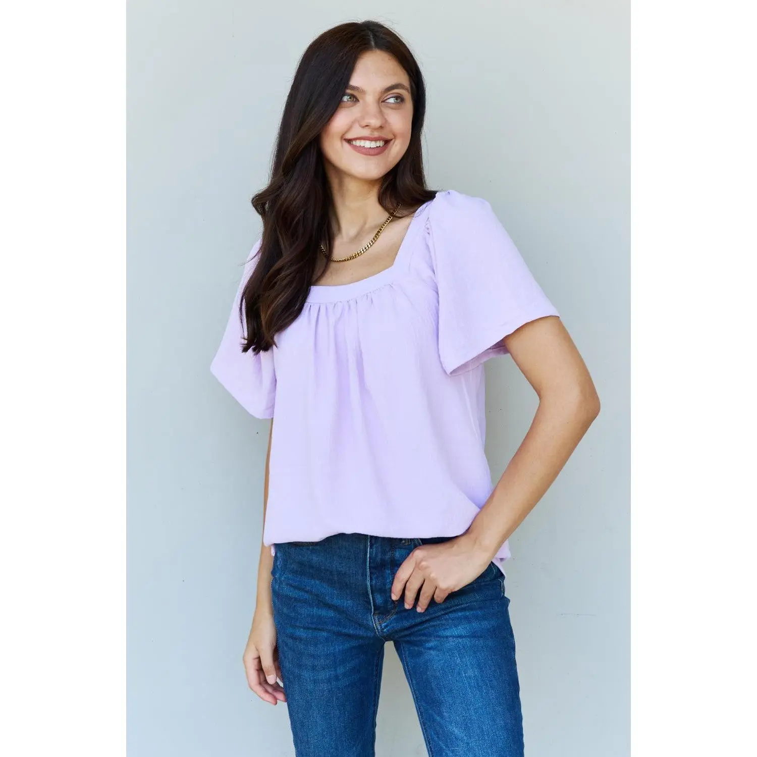 Ninexis Keep Me Close Square Neck Short Sleeve Blouse in Lavender