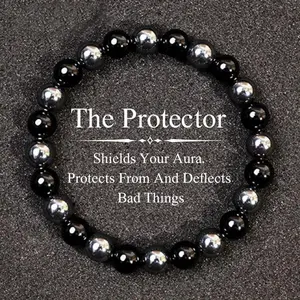 Veliora Gift B Protection Black Tourmaline & Hematite Bracelet – Grounding Energy Shield | 8mm Unisex Crystal Beads | Daily Wear Gift Retro Round Earrings Set initial necklaces men