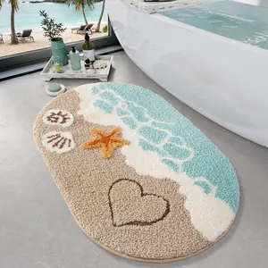 Soft Absorbent Non-Slip Backing Beach Bathroom Rug, Ideal for Bathroom Kitchen Entryway Decor, Sea Beach Starfish Shell Themed Blue Bath Rug, 22"x34"