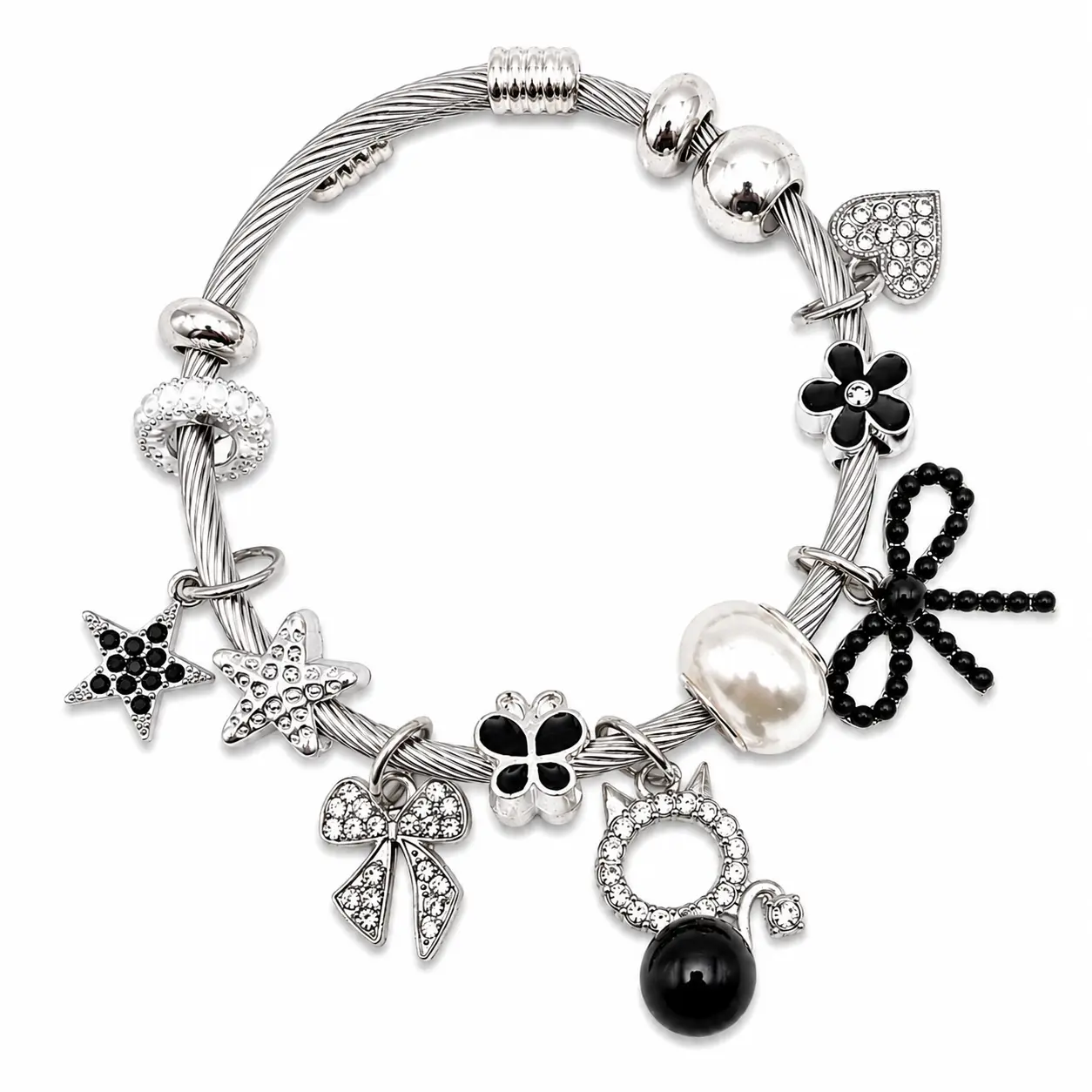 Midnight Fashion Charm Bracelet - Black & Silver Coquette Charm Bangle