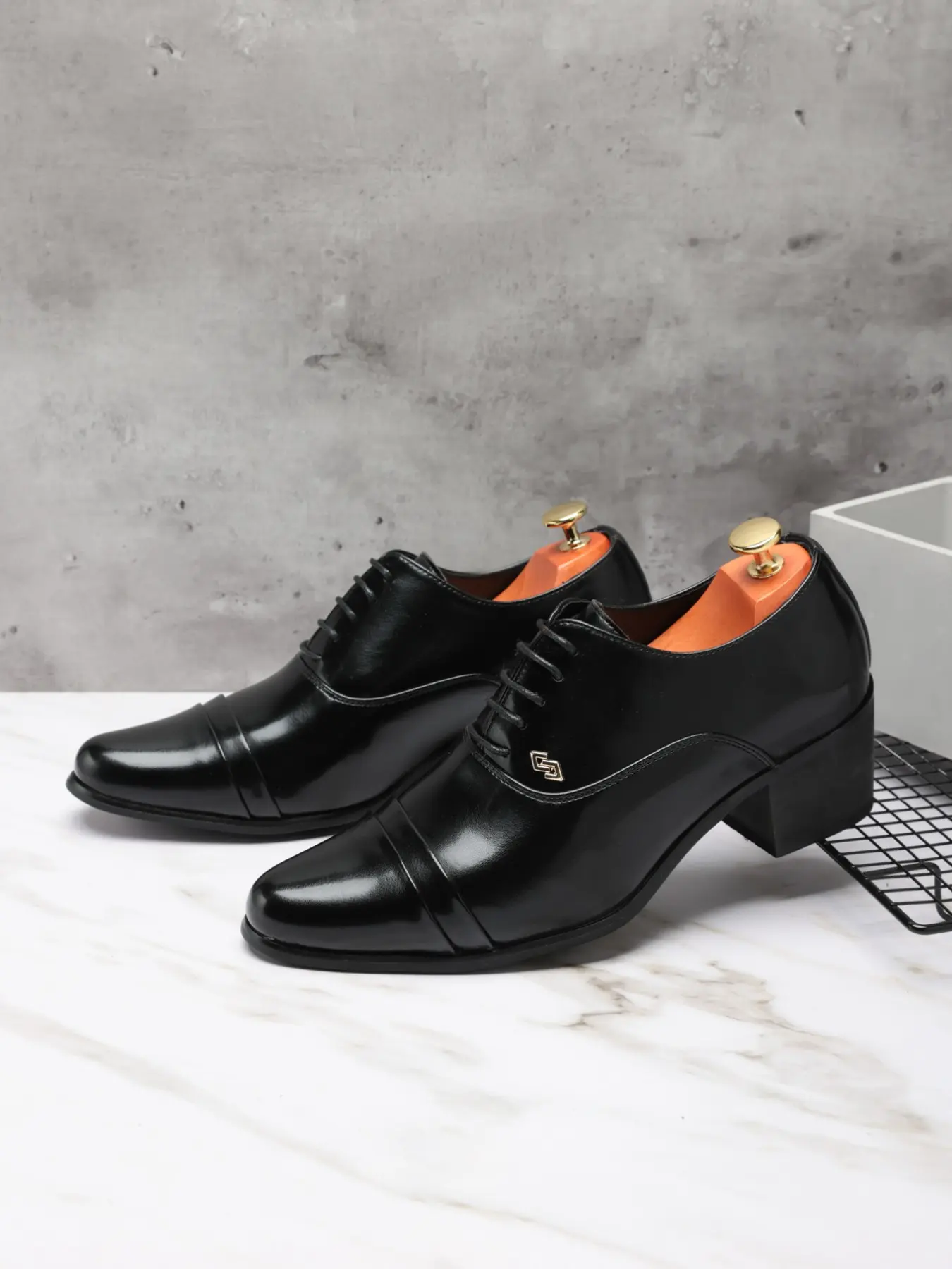 Men's Pointed Toe Formal Closed High Heel Leather Shoes, Fashionable Bow Tie Dress Shoes for Weddings, Stylish Men's Party Shoes