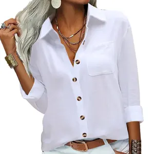 Zaayo Women's Linen Cotton V Neck Button Down Shirt 2025 Long/ Roll Up Sleeve Casual  Blouses Fitted Minimalist Basic Fall Outfits Tops Womenswear Clothes Longsleeves tiktok shop holiday deals