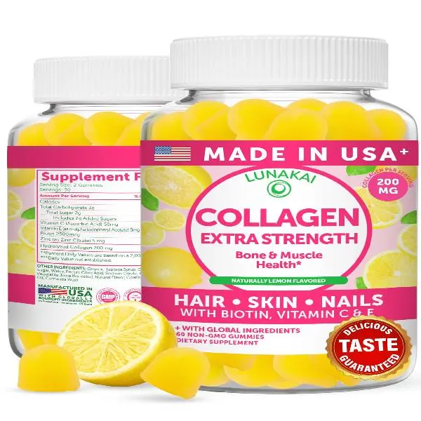Lunakai USA Made Collagen Peptides Gummies - 200mg Non-GMO Anti-Aging Formula with Biotin, Zinc, Vitamins C & E for Hair, Skin and Nails, 60ct
