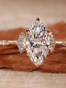 Vintage Plated 18k Gold Women's Teardrop Zircon Engagement Ring, Marquise Cut Ring, Elegant Asymmetrical Design, Geometric Pattern, All Seasons Jewelry