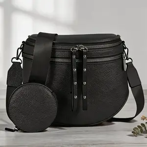 【US】Summer Win Satchel Crossbody Bag for Women, Double Zipper Leather Shoulder Purse with Coin Purse Waterproof Sling Bag Lightweight Travel Casual Everyday Outings