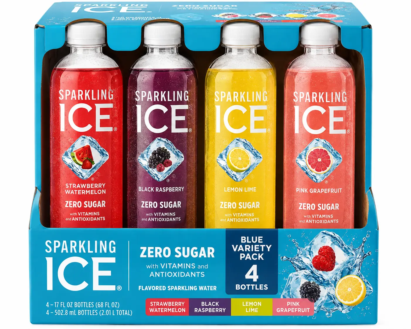 Sparkling Ice Blue Variety Pack Flavored Sparkling Water, Zero Sugar, 17 fl oz Bottles, 4 Count