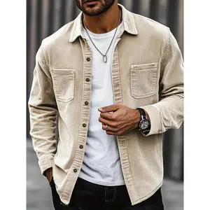 Popular corduroy men’s casual shirt jacket with lapel buttons, long-sleeve cardigan, double chest patch pockets; suitable for daily leisure, fashion, simplicity, commuting, street fashion; long-sleeve shirt for spring and autumn.