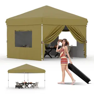 Garvee 10x10 Pop Up Canopy with 4 Sidewalls, Beach Ten with One Push Setup, Reinforced Frame, Outdoor Easy Up Canopy Tent with Portable Roller Bag, Adjustable Height, Sandbags, Silver Coated, Khaki