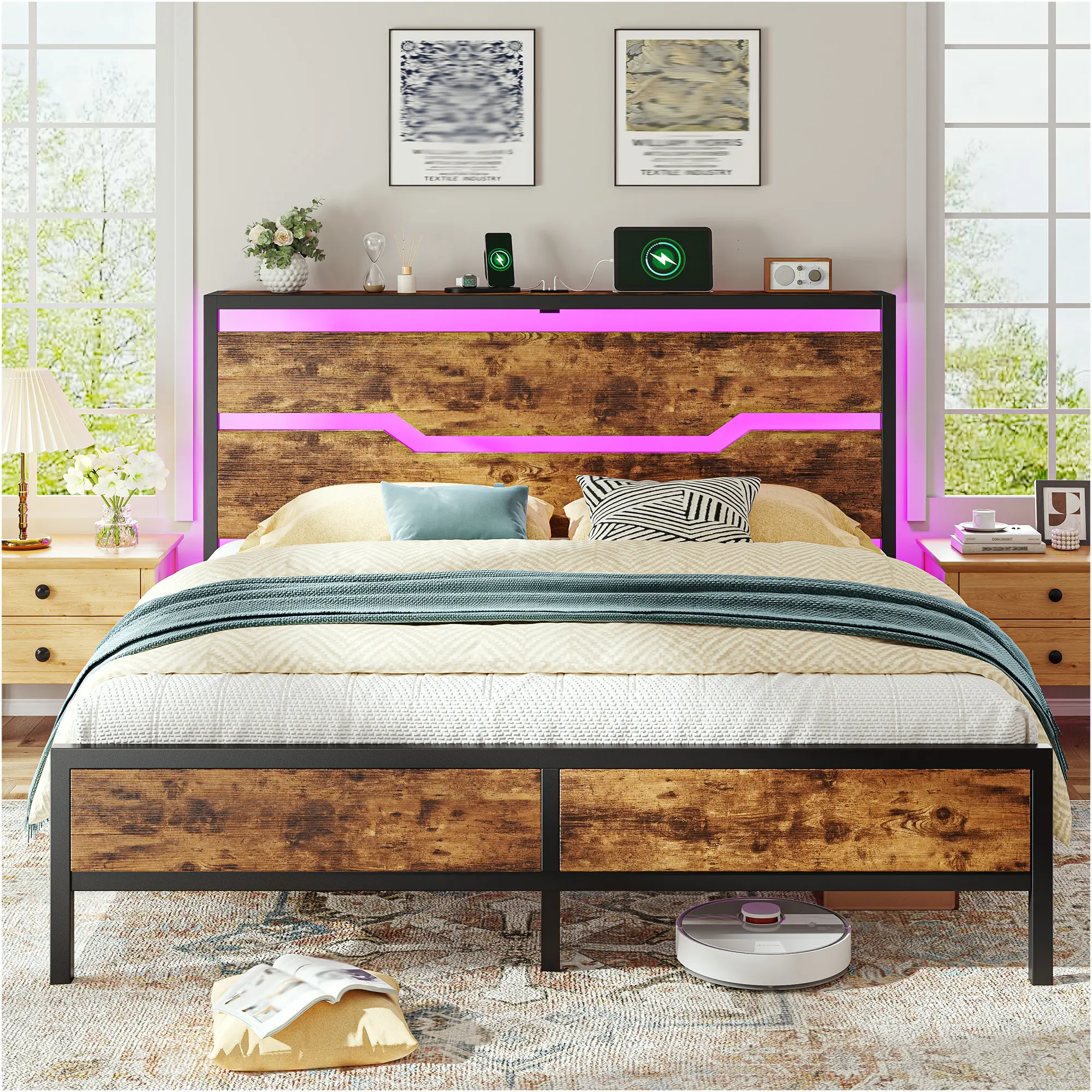 Raybee Queen Size Metal Slat Bed Frame with Headboard & Shelf, Modern LED Bed Frame with Power Outlet, Industrial Platform Bed Frame with Underbed Storage, Metal Slats, Holds 900lbs, No Box Spring Needed, No Noise, Vintage, Full, King, Rustic Brown, Black