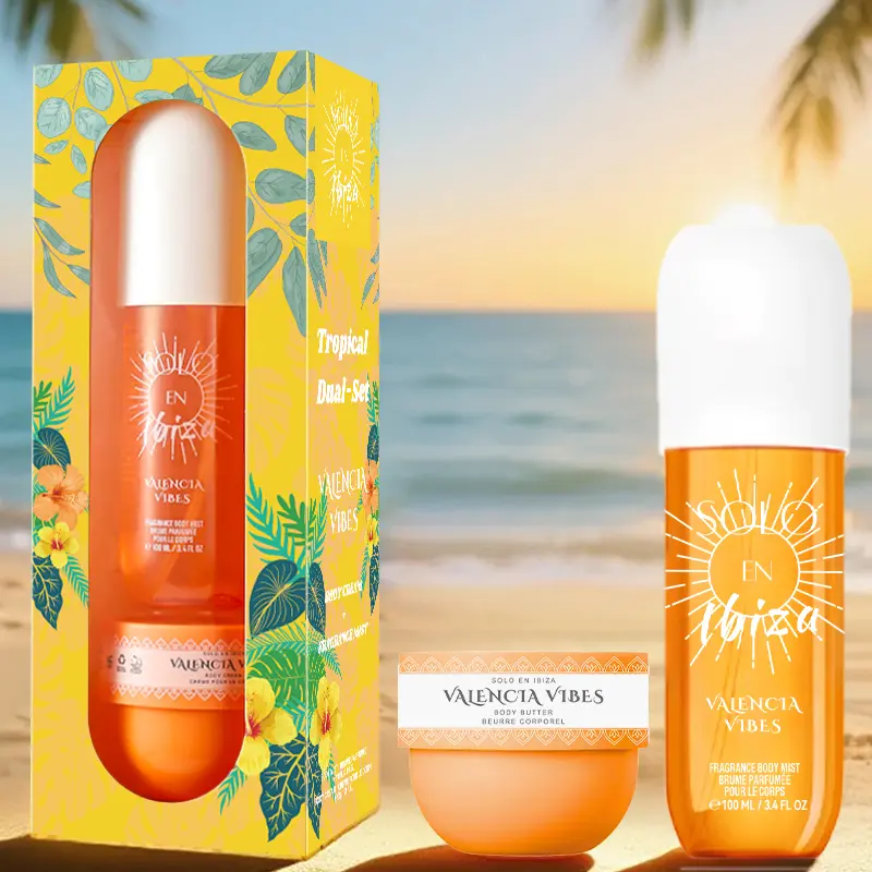 2-Piece Set, SOLO EN IBIZA Body & Hair Fragrance Mist And Body Cream Gift Box For Men And Women, Long Lasting Fragrance, 4 Different Scent, Perfect For Holiday Gifts, Dating, Daily Life, Parties, 3.4 Fl Oz Perfume, 50g Body Cream