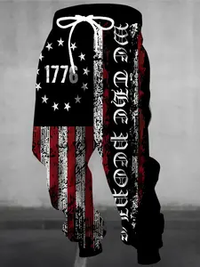 Men's Fashion 3D American Flag Print Waistband Pants with Pockets, Casual Polyester Sportswear, Flagship Track Pants