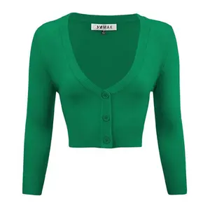 Women's Cropped Cardigan 3/4 Sleeve V-Neck Basic Button Down Knit Sweater Kelly Green