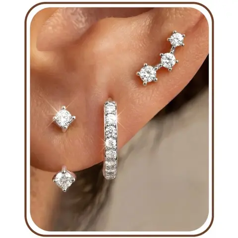 FIASASO 3 Pairs 925 Sterling Silver Hypoallergenic Earrings Set for Multiple Piercing Dainty Stud Huggie Small Hoop Earrings for Women Trendy Cute Earring Stacks for Sensitive Ears, Classic Style Earrings, Hoop Earring Sets