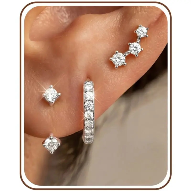 FIASASO 3 Pairs 925 Sterling Silver Hypoallergenic Earrings Set for Multiple Piercing Dainty Stud Huggie Small Hoop Earrings for Women Trendy Cute Earring Stacks for Sensitive Ears, Classic Style Earrings, Hoop Earring Sets