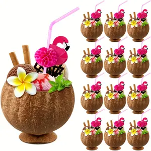 12-Piece Flamingo Straw Coconut Cup Set - Hawaiian Tropical Party Decoration, Pink Straw and Coconut Tree Shape Tiki Cup, Universal Disposable Food-Grade Plastic Drinkware for Children and Adults, Beach Pool Birthday Havana Night Party Supplies, Hawaiian