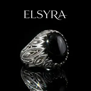 S925 Sterling Silver Black Onyx Cocktail Ring Crafted Floral, Vintage Ring for Men Oval Gemstone with Birthstone 'Night Bloom',Cubic Zirconia, punk style, goth style, energy, protection, aura ring, jewelry gift