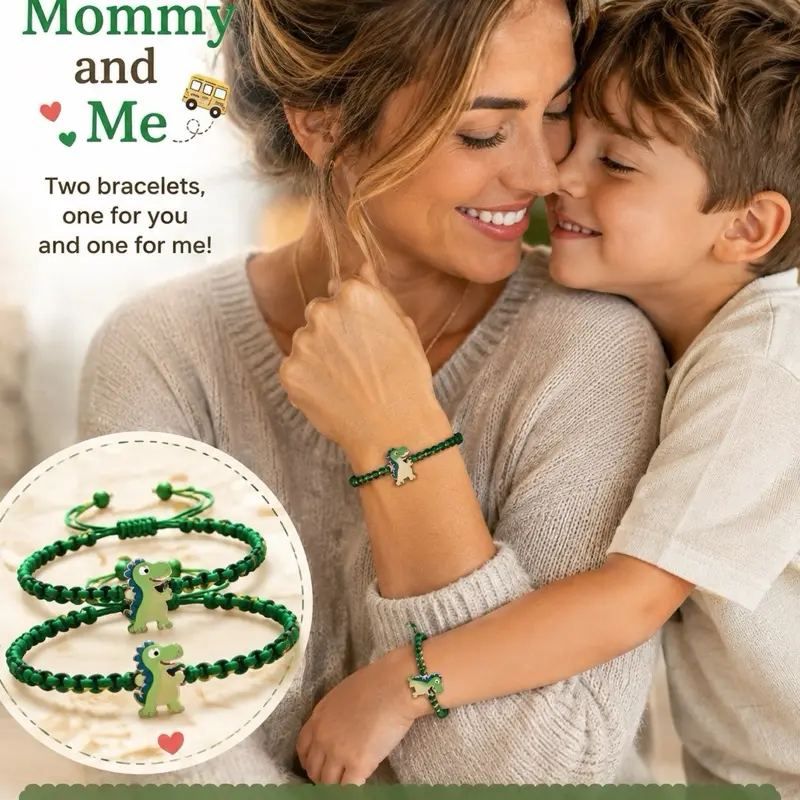 Mommy & Me Dinosaur Bracelet Set Green Adjustable Matching Bracelets for Mom and Child Perfect for First Day of School Back to School Gift Preschool Kindergarten Keepsake