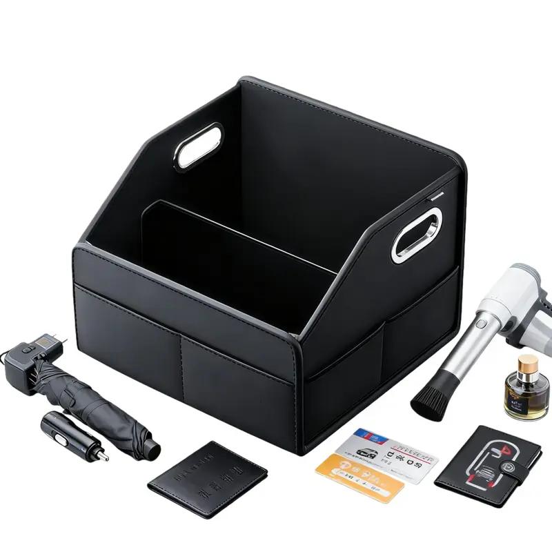 Luxurious PU Leather Organizer For Car Trunk, Large Trunk Cargo Organizer Folding Storage Box with Reinforced Handles, Universal Foldable Car Storage Organizer with Multi-pocket, Black