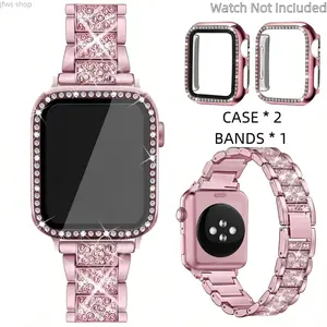 2026 NEW iWatch Band Rhinestone Decor Protective Case Set 1 Count Band 2 Cases Wearable Luxury Jewelry Accessories Compatible With iWatch Series 4 5 6 7 8 9  SE SE2 Ultra Adjustable Strap Elegant Dressy Daily Casual Summer Street Party Style