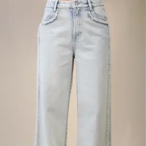 Jean Fray Detail Washed Denim Jeans - Light Blue, High Waist, Straight Fit, Distressed Look, Comfortable Fit