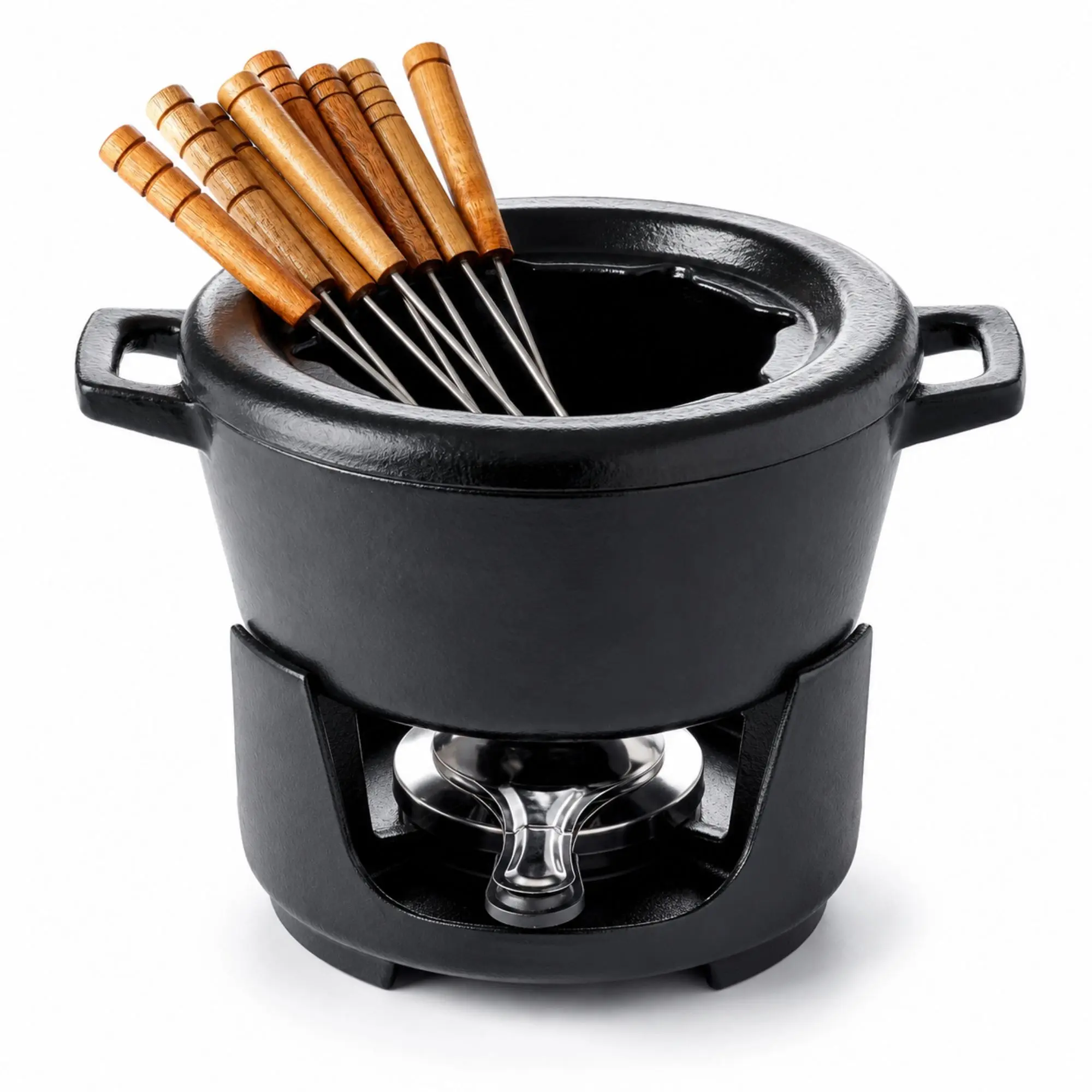 Alva Nori Enameled Cast Iron Kitchen Fondue Pot Set - 8-Piece, 2-Qt, Ideal for Cheese and Meat, with Wood Accents