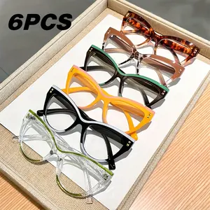 Men's Ultra Large Cat Eye Reading Glasses 6 Pieces Set - Retro Blue Light Blocking, 100-400 Grade With Chain Decoration Full Frame Metal Frame, With Cleaning Cloth For Computer And Digital Screen, Blue Light Protection, Reading Eyeglasses