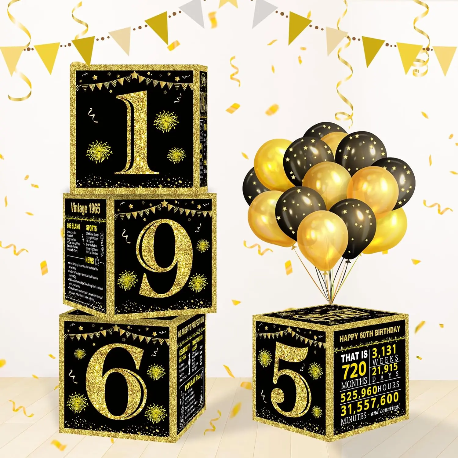 4PCS 1965 Vintage Black Gold 60th Birthday Party Decorations Set, Cheers to 60 Years Poster Decor for Men, Festive Birthday Set Supplies for Home Party