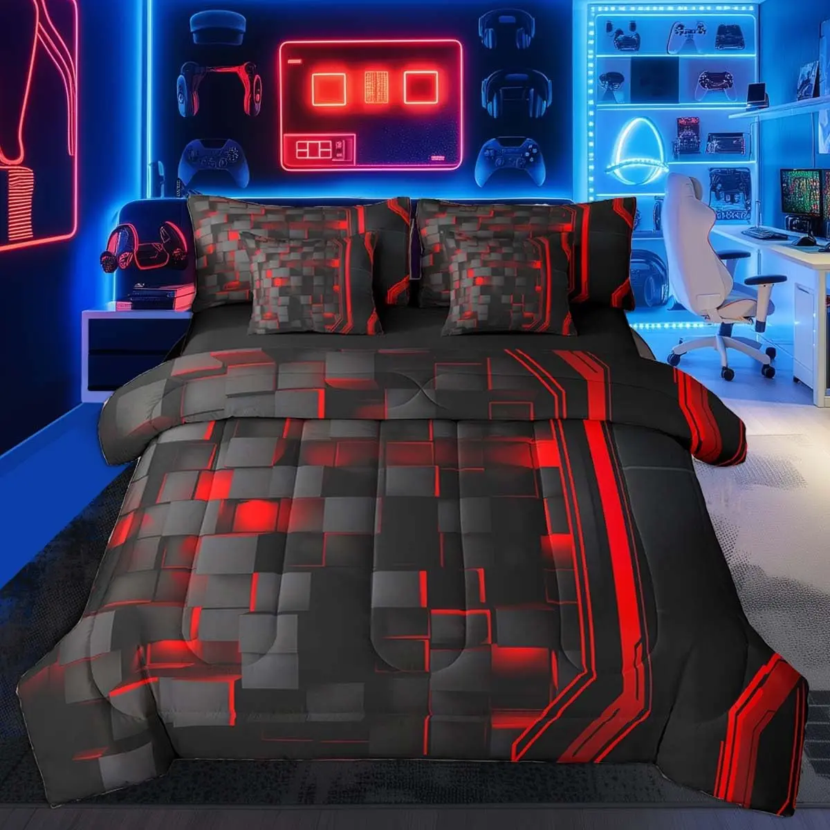 Red and Black Comforter Set with Sheets Geometric 7 Pieces Bedding Set Modern Abstract Art Bed in a Bag Luxury Room Decor