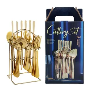 24 Piece Hanging Flatware Set, Stainless Steel Utensils Set with Stand,Eating Tableware Set Include Fork Knife Spoon Set,Cutlery Set Service for 6,Dishwasher Safe (Gold)