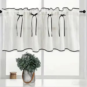 Japanese Retro Striped Burlap Butterfly Knot Short Curtain, Rod-Pass Through, Kitchen, Cabinet, Living Room, Farmhouse, Guest House Decor