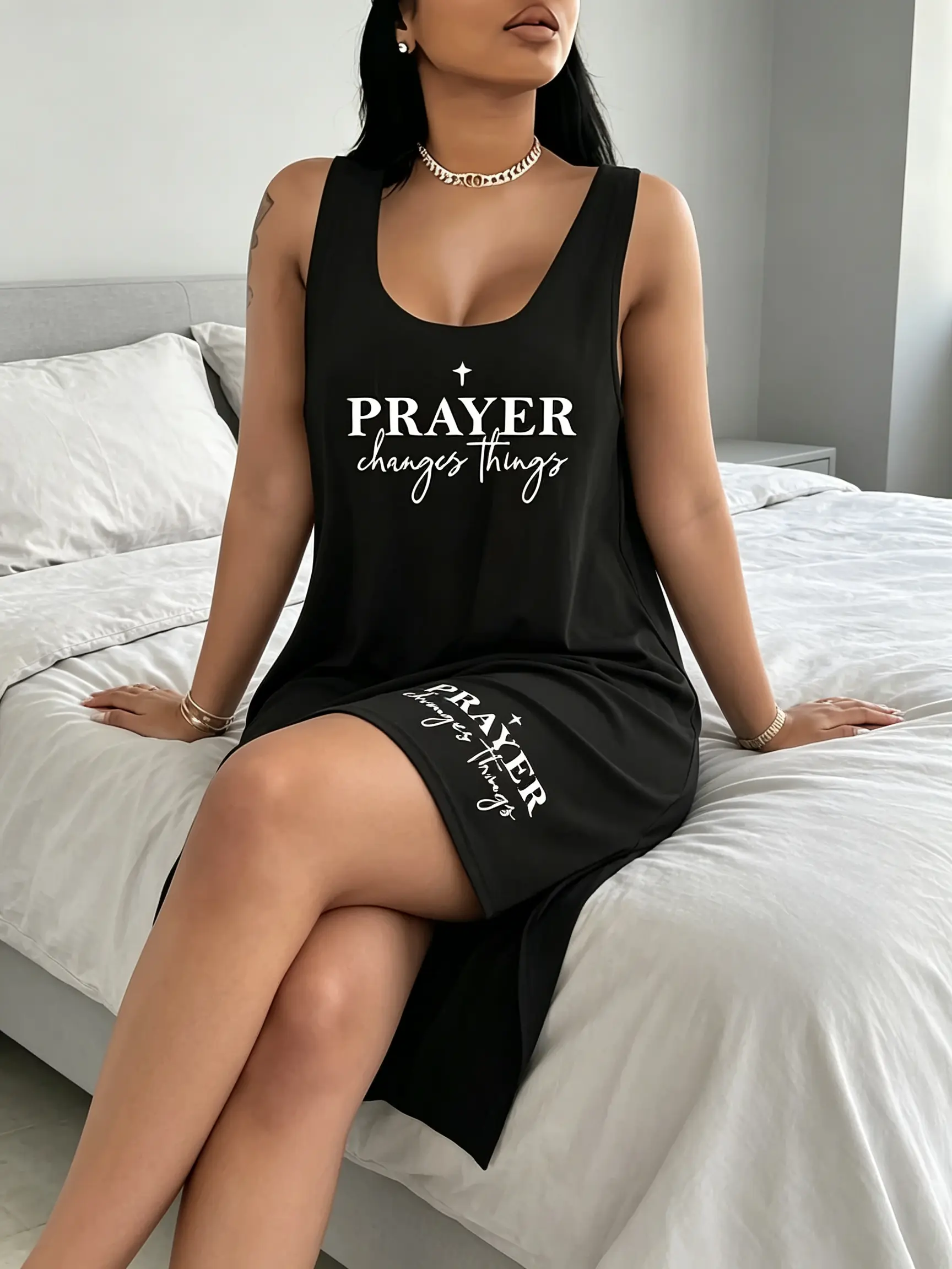Plus Size 2 Piece Outfit for Women, Faith Graphic Scoop Neck Tank Dress and Biker Shorts Set, Casual Loose-Fit Lounge Wear in Soft Stretch Fabric, Summer Outfit for Curvy Sizes, Daily