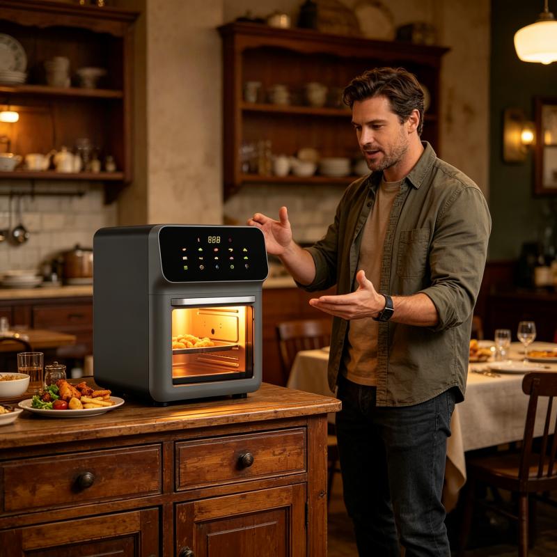 13L air fryer toaster oven combination, made of stainless steel material, compact oven of household size, used for baking whole chicken/double cooking, stainless steel interior, easy to clean, including 2 accessories and recipes, US plug