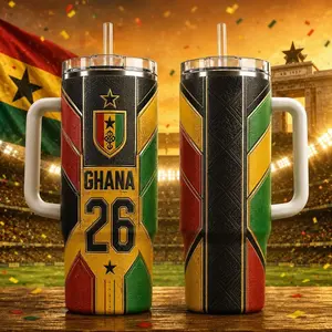 Ghana Football Tumbler 40oz With Handle, Ghana Soccer Fan Gift, Black Star Travel Mug, Ghana Team Inspired Cup