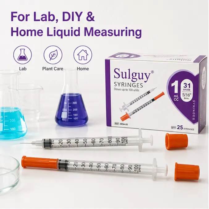 Sulguy U-100 Syringe (1cc/1mL, 31G, 5/16 inch); suitable for a variety of uses, including kitchen baking and cooking, laboratory tasks, and pet care. Individually packaged, pack of 25.