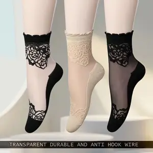 Women 3 Pairs Thin Translucent Lace Short Socks Comfortable Breathable Non Slip Boat Socks Sports Socks
