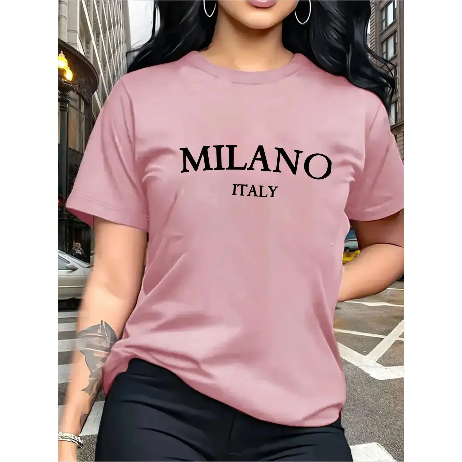 Women's 100% Cotton Oversized Short Sleeves Round Neck Printed Tee Tops - "MILANO ITALY" Graphic, Breathable Lightweight Smooth Fabric, Asymmetrical, Machine Washable for Spring Summer Italian Casual Daily Wear, Italian Style, Graphic Print, Oversized Fit