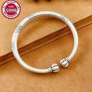 Vintage Plum Blossom Opening Bracelet, Duofu Pumpkin Head Silver Bracelet with Plum Blossom Pattern, Adjustable Opening S925 Silver Bracelet, Gift for Girlfriend Valentine's Day and Christmas Day