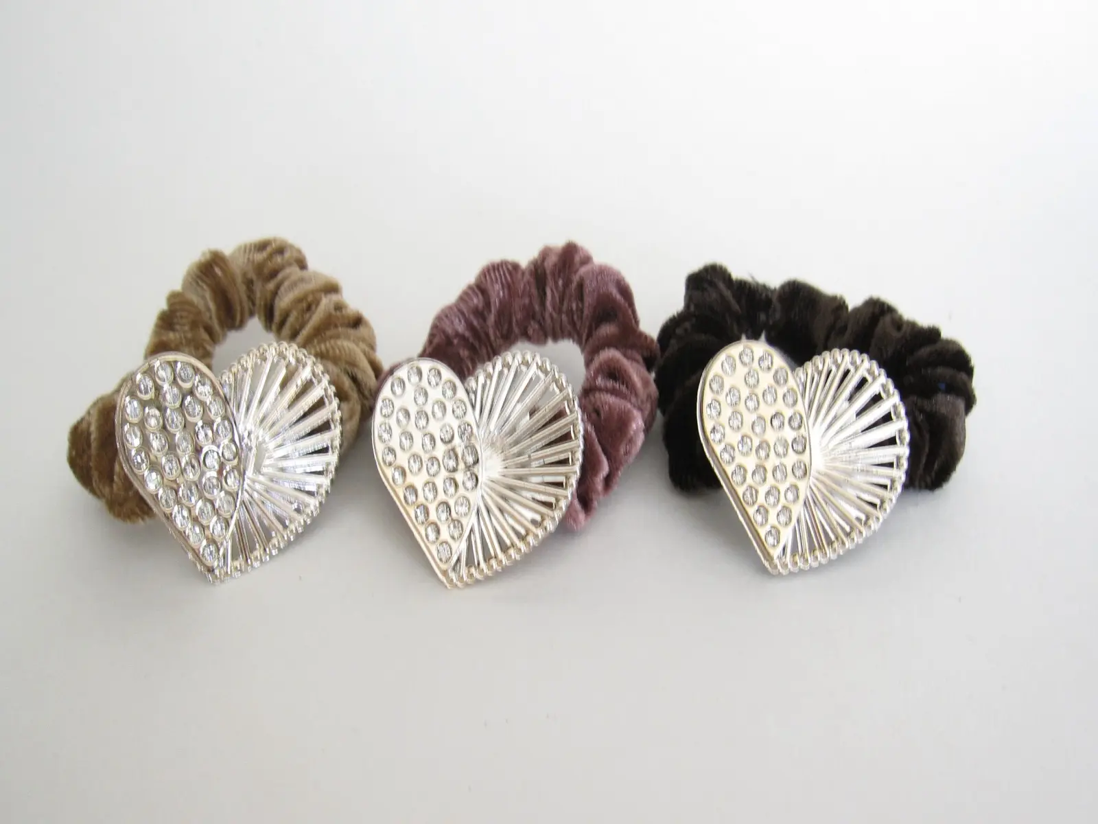 Heart shaped mauve tan brown hair tie pony tail holder scrunchie with crystals