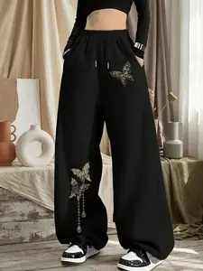 Butterfly Print Wide Leg Sweatpants, American Luxury Casual Sport Pants, Loose-Fitting Winter Fashion