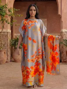 Women's All-Over Printed Long Robe Set, Casual Style Beachwear Sun Protection Satin Scarf & Headband, Perfect for All Seasons, Beach Cover Ups