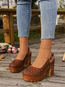 Fashion Summer Vintage Hollow Out Backless Thick Sole High Heel Round Toe Sandals for Women, Thick Bottom Shoes, Stylish Retro Design, Comfortable and Trendy, Classic Sandals