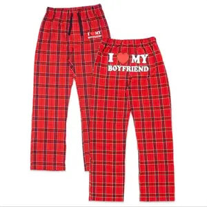 I Love My Boyfriend Flannel Pajama Pants – Matching Red Plaid Couple Sleepwear, Cozy Valentine Pajamas Gift for Partner