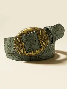 Y2K Boho Floral Pattern Waist Belt, Vintage Sage Embossed Cinch Belt Design, PU Leather Material Casual Style, All Seasons Wear Fashion Accessory Adjustable Belt, Pu Leather Belts