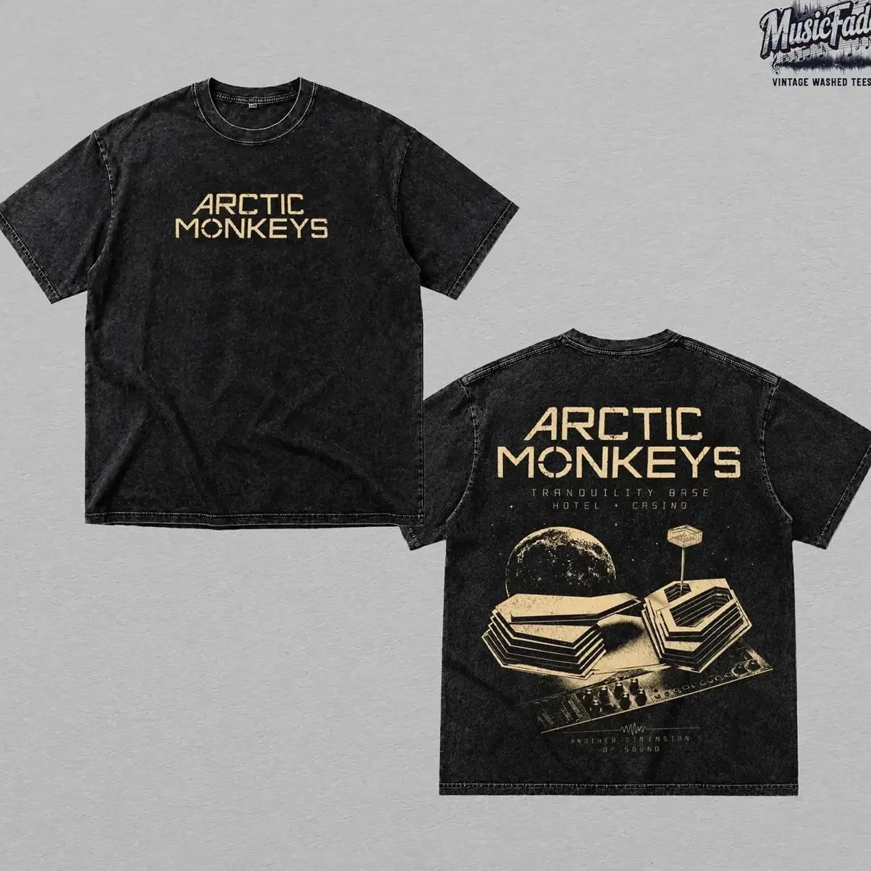 Arctic Monkeys Tranquility Base Hotel & Casino 2026 Tour Vintage Washed Oversized T-Shirt, Double Sided Indie Rock Graphic Tee, Minimal Gold Logo Front + Retro Space Casino Back Print, Heavyweight Cotton Streetwear, Unisex Fan Merch Gift KX4